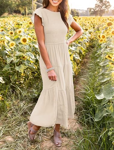 Coloody Women's 2024 Summer Casual Midi Dress Boho Flutter Sleeve Crew Neck Smocked Elastic Waist Tiered A-Line Beach Dress(Apricot, S) - 5