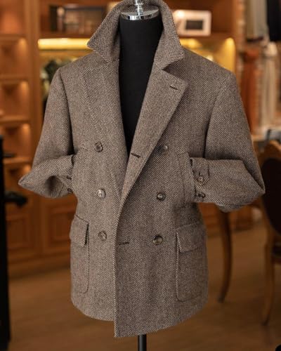 Men Tweed Herringbone Sport Coats Slim Double Breasted Wool Blend Blazer Jackets Casual Warm Vintage British Coat2