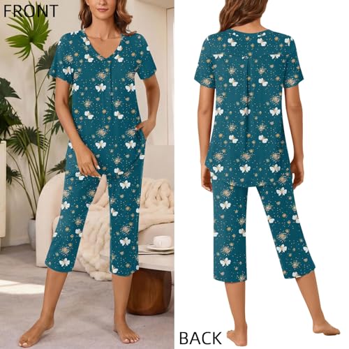Image of Bestbee Women's Pajama Sets 2 Piece Lounge Outfits Summer Sleepwear V Neck Short Sleeve Capri Pant With Pockets Ladies Pjs