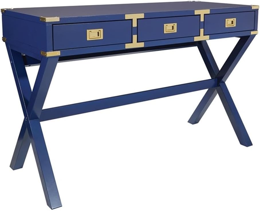 Pemberly Row 46" Home Office Desk, Engineered Wood, Lapis Blue Finish, Includes Power Station, 3 Storage Drawers, Vintage Field Style Writing Desk for Workspace or Home Office Use