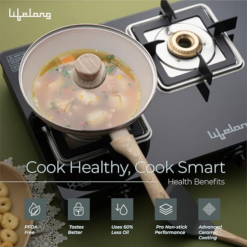 Image of Lifelong Forged Fry Pan 24cm with Glass Lid | 1.8Ltr, 1.9kg Pan | Ceramic Coated | Gas Stove and Induction Friendly | Non-Stick, Teflon Free & Durable |Skillet for Cooking, Searing, Sauteing, & Frying