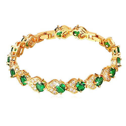 U7 Green Emerald/Blue/Red/Colorful Tennis Bracelets, 18K Gold Plated Platinum Link Chain Diamond Cut Simulated Gem Crystal Bracelet,Resizable Length 6