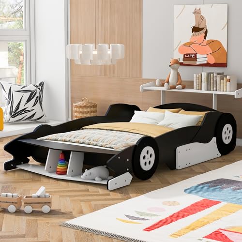 Full Size Race Car Bed for Boys Cool Car Bed Frame with Storage Shelves Car Shaped Kids Bed Full Size Car Bed Full with Wheels for Kids Girls Black