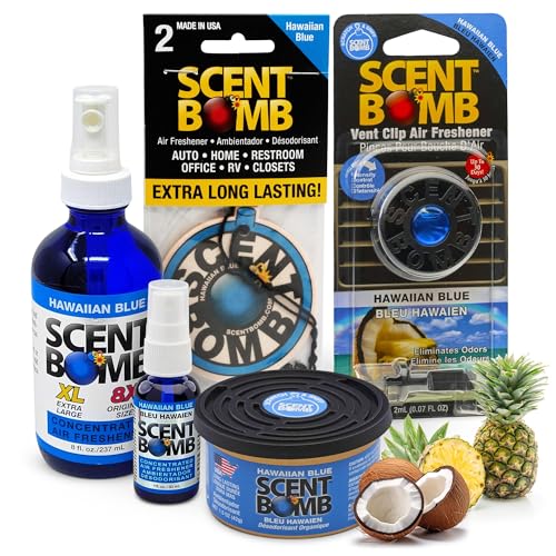 Scent Bomb Air Freshener Bundle - 1 oz & 8 oz Bottle Sprays Vent Clip Organic Cans Hanging Circle - Continuous Freshness & Long-Lasting Odor Eliminator for Car Home Bathroom - Hawaiian Blue