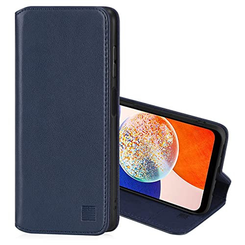 32nd Classic Series 2.0 - Real Leather Book Wallet Flip Case Cover For Samsung Galaxy A14 (4G/5G) (2023), With RFID Blocking Card Slot, Magnetic Closure and Built In Stand - Navy Blue