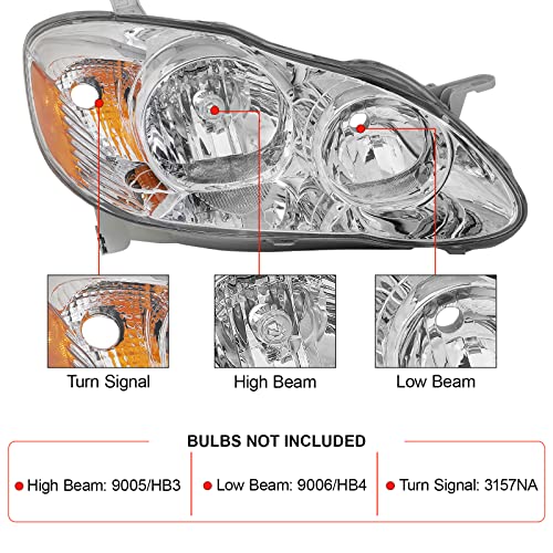 Alziria Headlight Assembly Compatible 2003-2008 2003 2004 2005 2006 2007 2008 03 04 05 06 07 08 Toyota Corolla Driver Side And Passenger Side (Chrome Housing Amber Reflector) #TOP1