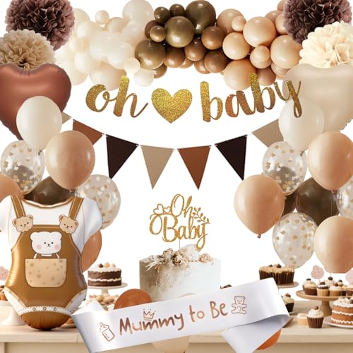 Decoration Baby Shower Filles Garcon, Baby Shower Boy Girl, Arche de Ballon Beige Abricot, Oh Baby Lettre Bannière, Ballons de Confetti pour Révélation de...