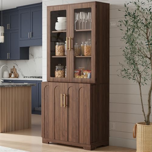 FORTUNETEC Tall Pantry Cabinet with Glass Doors, 77" Kitchen Storage