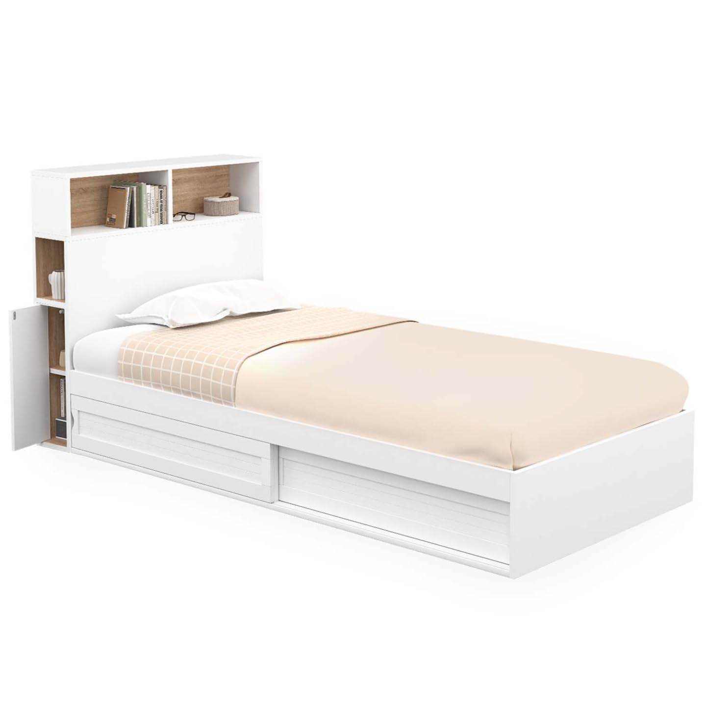 IDMarket - Lit Simple Clem avec Rangement, tête de lit et sommier 90 x 190 cm Blanc et hêtre