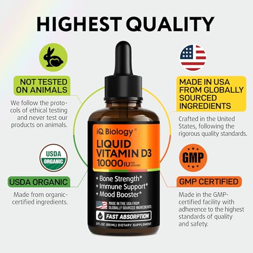 Image of Liquid Vitamin D3 10000 IU - USDA Organic Vitamin D Drops for Adults & Kids | Vit D3 with MCT Oil for Better Absorption - Bone & Immunity Support, Dental Health* - 2 Fl Oz (Pack of 1)