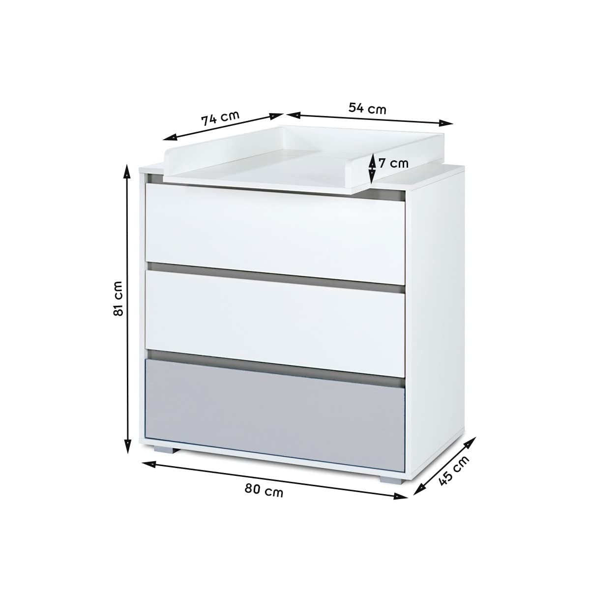 DALIA - Cómoda para bebé con cambiador extraíble y 3 cajones, color blanco