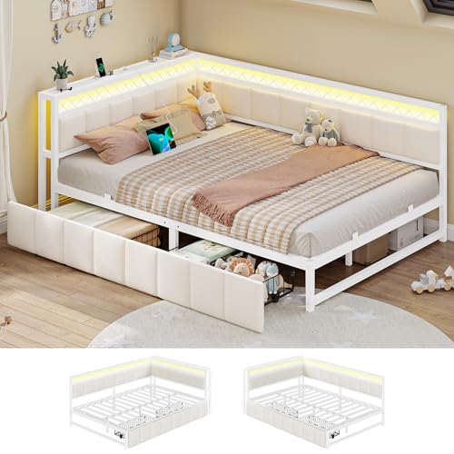 AOGLLATI Canapé Lit 140x200 avec Étagère Ouverte et 2 Grands Tiroirs,Lit 140x200 avec Éclairage LED et Multiprise,Lit Double avec Rangement,Canapé...