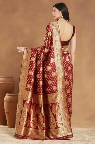 Image of Janasya Women's Maroon Silk Blend Ethnic Motifs Woven Design Jacquard Saree with Blouse Piece
