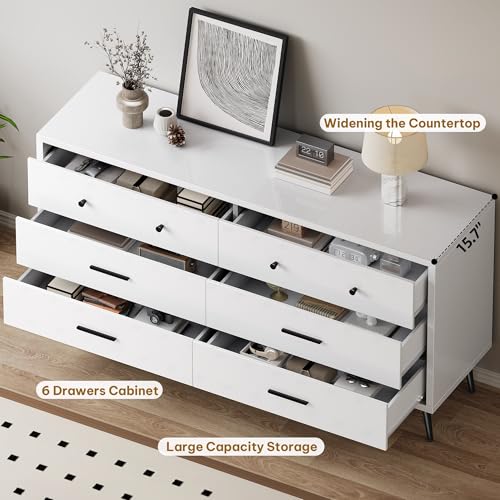 DWVO White 6 Drawers Dresser/Modern Wood Dresser Chest of Drawers with Black Metal Handle&Anti-Tipping Device/Modern Double Drawer Storage Cabinet for Entryway/Living Room-15.7" Dx55.1 Wx31.1 H
