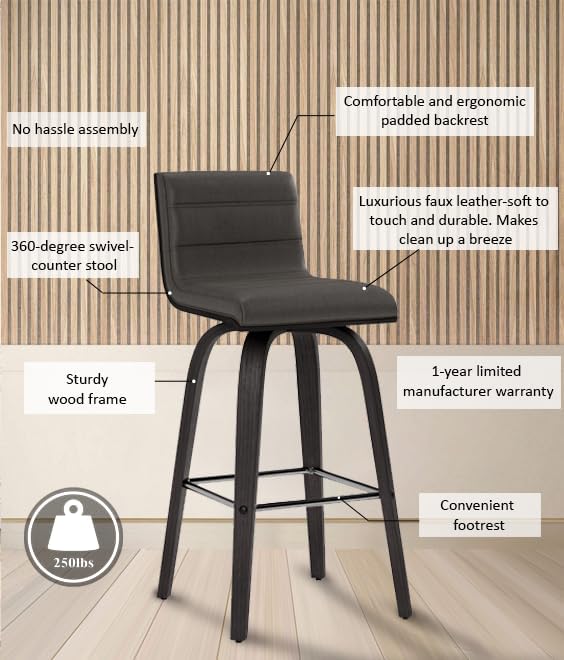 Vista 12 de Armen Living Taburete de bar Vienna con acabado de madera cepillada para cocina y comedor, altura de mostrador de 26 pulgadas, negrogris, más