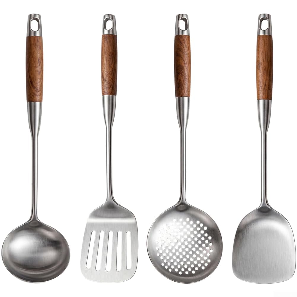 Set di utensili da cucina professionali in acciaio inossidabile 316L, con manico in legno, spatola, mestolo, schiumarola, per wok, padelle, fritture, grigliate, facili da pulire, 38,5 cm (set da 4