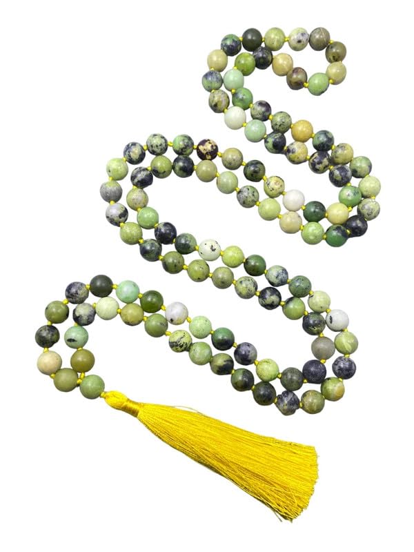 Mala de 108 cuentas de crisoprasa AAA natural, collar anudado de 10 mm, borla curativa de conexión a tierra, protección espiritual, meditación, equilibrio, Japa Mala