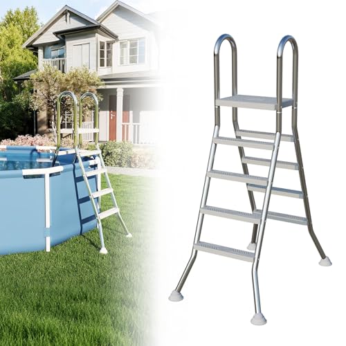 Froadp Edelstahl Poolleiter mit 4 Rutschfesten Stufen,Pooltreppe,Schwimmbadleiter bis 150 kg Belastbar, Einstiegsleiter für Pool und Schwimmbecken Höhe bis zu 135 cm,Silber