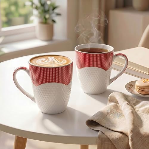 Image of UPC Milk Mug Set of 2 | White Black Pinstripe Red Accent Band Printed Bone China Coffee Tea Milk Mug | Gift for Home & Kitchen