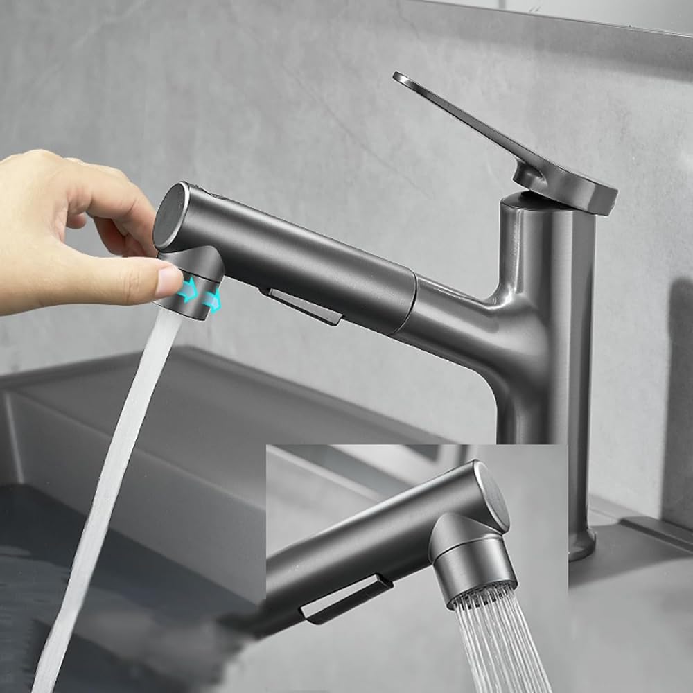 Zqfhsx Gris Faucet For Bathroom Sink Single Hole Pull Out Brass Undermount Basin Faucet-Gray(Cromo)