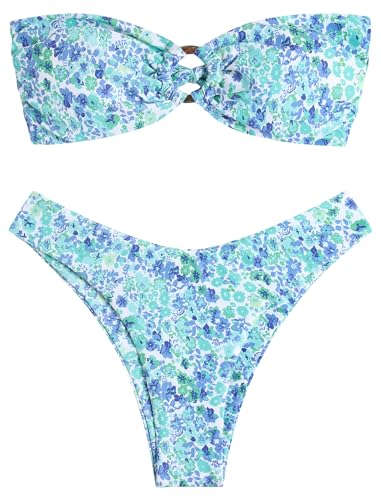 Image of ZAFUL Women's Bandeau Bikini O Ring Strapless Tie Back High Cut Two Piece Swimsuit Bathing Suits