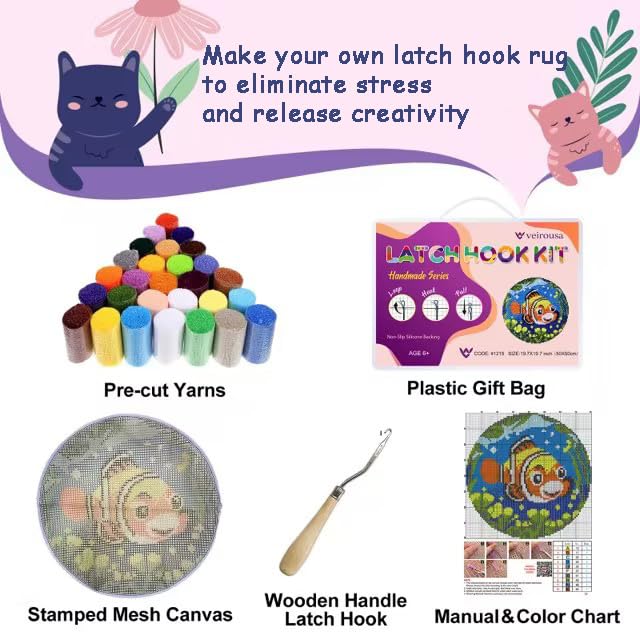 Image of veirousa Clownfish Latch Hook Rug Kits for Adults, Pre-Printed Beginners DIY Hooking Rug Kit Cross-Stitch Round Carpet Making Set for Home Decoration 19.7x19.7 inch