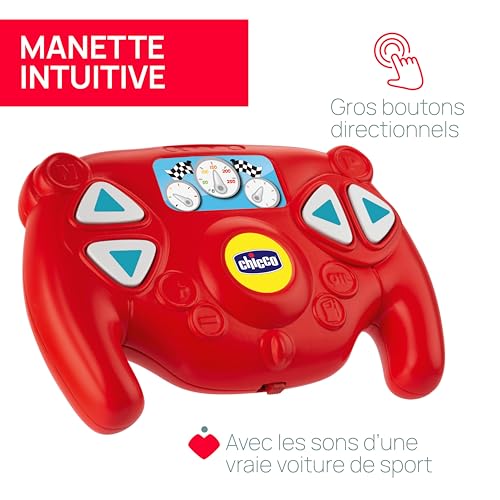Chicco Voiture Télécommandée Tom, se déplace dans 4 directions, télécommande infrarouge avec 4 boutons directionnels, sons de voitures de sport, voiture radiocommandée, jouet pour enfants 2 à 6 ans