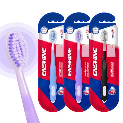 Image of Enshine Expert Protection Toothbrush for Adults - Pack of 3 | Double-Tapered Ultra Soft PBT Bristles | Premium Tooth Brush Set for Sensitive Gums | Deep Gum-Line Plaque Removal | Manual Toothbrush with Non-Slip Grip Multicolor