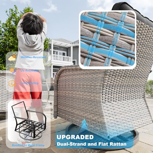 Image of 3-Piece Small Patio Furniture Set, Outdoor Swivel Rocking Chairs Set with Wicker Chairs and Tempered Glass Side Table, Outdoor Furniture Patio Bistro Set for Balcony, Deck, Porch