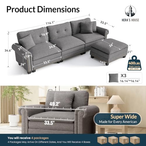 Image of HERA'S HOUSE 116 inch Oversized L Shaped Modular Sectional Couch Living Room | Mid-Century Modern 4-Seater Cloud Sofa, Dark Gray, Rolled Arms & Nailhead Trim, Wider & Deeper Seats, Ottoman, Linen