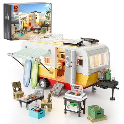 FUNWHOLE Travel Trailer Set de Construcción con Iluminación - Caravana Clásica para Playa con LED, Modelo de Construcción de 1325 Piezas, Kit de Vehículo para Adultos y Adolescentes