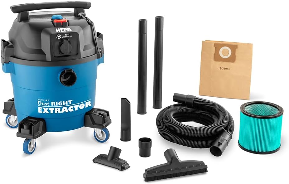 ROCKLER 9 Gal HEPA Dust Collector - Power Tool Activated Shop Dust Collection System for Dislodging Debris - Heavy Duty, Washable, & Portable Shop Vaccum to Capture Debris from Different Tools