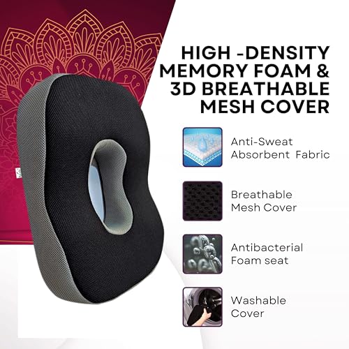 Image of Donut Pillow | Tailbone Pain Relief Cushion | Coccyx Cushion for Tailbone Pain | Sitting Pillow for Sciatica, Hemorrhoids | Piles Pillow for Sitting | Memory Foam Seat Cushion | Black Grey