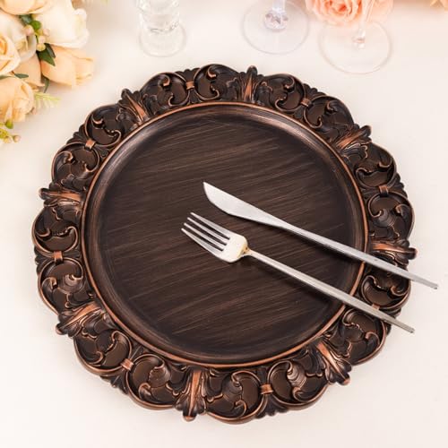 Tableclothsfactory 6 Pack Dark Brown Aristocrat Style Acrylic Charger Plates with Ornate Embossed Rim, 13 Tableclothsfactory 6 Pack Dark Brown Aristocrat Style Acrylic Charger Plates with Ornate Embossed Rim, 13
