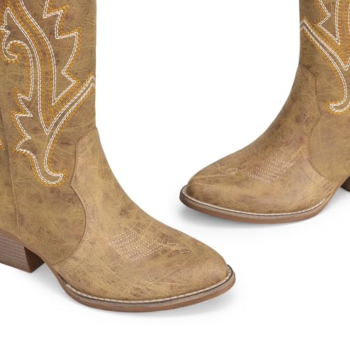 Image of DREAM PAIRS Women's Cowboy Cowgirl Western Boots | Embroidered Pointed Toe Low Heel Western Mid Calf Boots for Theme Party Country Concert