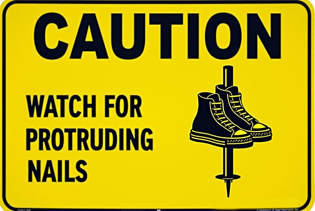 Caution Watch For Protruding Nails Rust Free Aluminum Tin Sign - Safety Decor with Pre-Drilled Holes for Indoor-Outdoor Workshop, Construction Site - 8x12 Inch​