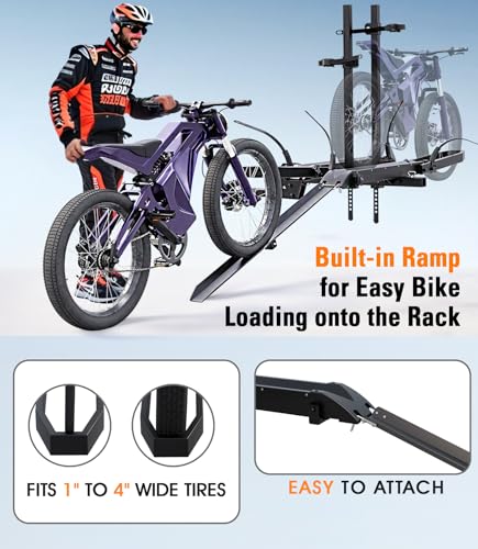 EBike Rack with Ramp for Tow Hitch with 300lbs Load Capacity, Car Bike Rack for Electric Mopeds, Fat Tire Mountain Bicycles, E Bike Carrier Raks for 2 Bikes, Fits SUV, Truck, RV, Van