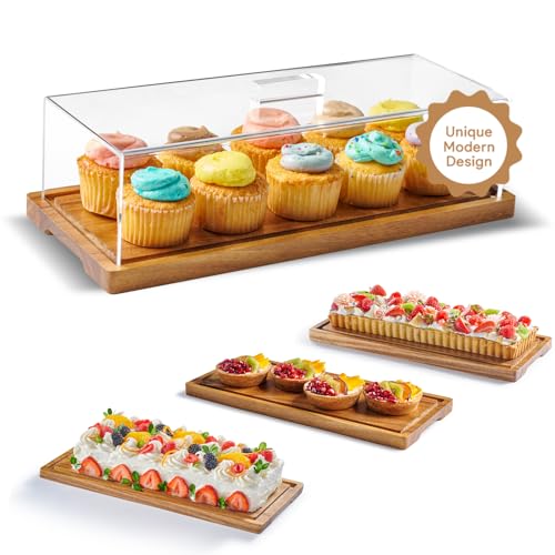 HOMESPHERE Cake Display with Lid – Acacia Wood Dessert Stand & Wooden Charcuterie Board with Lid for Loaf Cakes, Bread, Pastries, Cheese, Large Rectangle Wood Tray Platter & Acrylic Cover, 15 x 6.25”