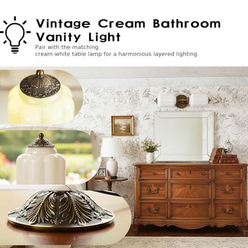 Image of Milk Glass Bathroom Vanity Light - 2-Light Wall Sconce with Brass Finish Base & Green Glass Shade - Wall Sconce Lighting for Mirror, Kitchen, Living Room (White Glass with Gold Metal Accents)