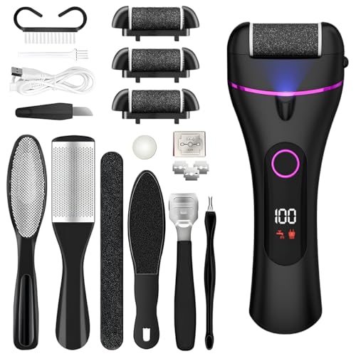 Rapeuse Pieds Electrique,Kit de Pédicure Anti-callosités 16 en 1,Râpe à Pieds Étanche Portable,avec 3 Rouleaux,3 Vitesses, IPX6 étanche pour Talons Fissurés,Morts et Callosités,Lumière LED(Noir)