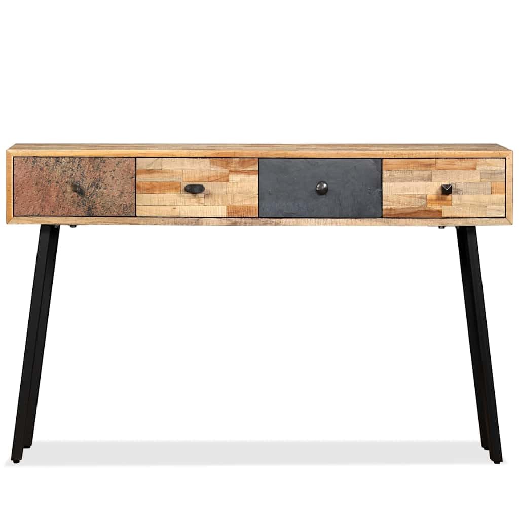 Stolik konsolowy z litego drewna tekowego z recyklingu, 120 x 30 x 76 cm, z 4 szufladami, styl vintage, do korytarza, salonu, biura, ze stalową ramą i miejscem do przechowywania