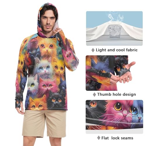 xigua Cute Colored Cats Men's UPF 50+ Sun Shirts Quick Dry Sun Protection Hoodie With Long Sleeve 5534