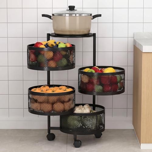 Image of HomeWiz 4-Layer Round Kitchen Trolley | Movable Storage Organizer for Fruits & Vegetables | Perforated Mesh Baskets with Solid Flat Top | Multipurpose Rack for Onion & Potato | Rust-Resistant | Black