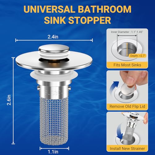 2PCS Bathroom Sink Stopper Strainer, Pop-Up Bathroom Sink Drain Strainer with Removable Stainless Steel Hair Catcher Basket, Universal Fit for US Bathroom Sinks, Bathtubs, Showers & Floor Drains - Image 4