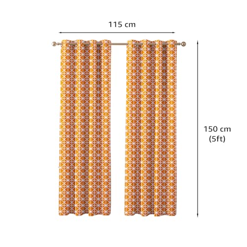 Image of Amazon Basics - Geometric Print Light Filtering Curtains | 100% Cotton 150 TC | Set of 2 | 5 Feet | 115 x 150 cm | Orange | Eyelets & Tiebacks | Ideal for Bedroom and Living Room