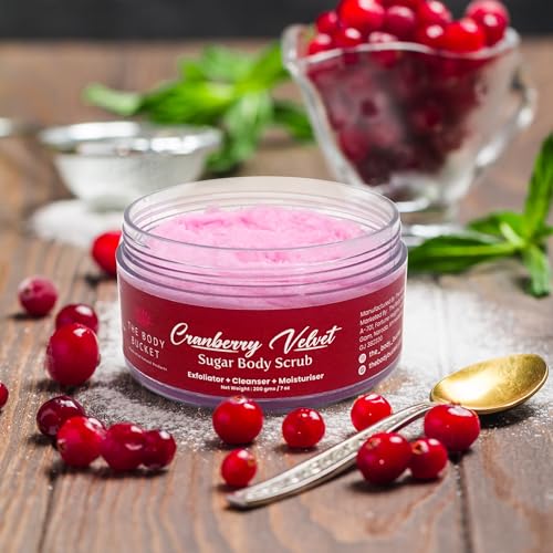 Image of The Body Bucket Cranberry Velvet Sugar Body Scrub- 200g | Included Free Bath Bomb | 3-in-1 Exfoliator, Cleanser, Moisturizer | De-Tan & Brightens Dark Areas| Smooths Strawberry Legs & Arms | Sulfate & Paraben Free