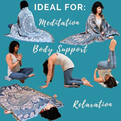 Tranquil Tribe Boho Blanket For Meditation Yoga & Living - Reversible Blue Grey Mandala Tapestry, Yoga Gifts, Woven Indoor Outdoor Rug, Great Beach Travel Picnic Blanket, Sofa Couch Bohemian Bed Throw thumb #4