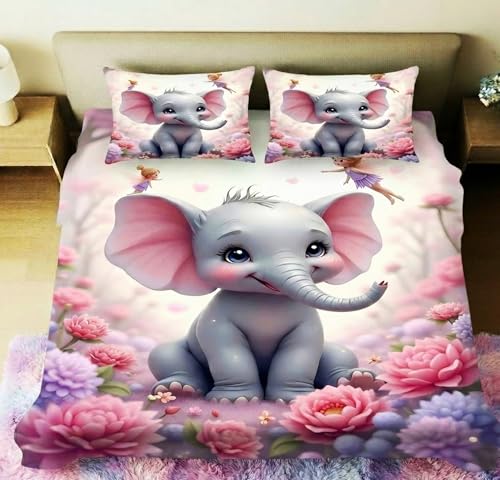 Image of Home Sizzler Premium 7D Kids Soft Microfiber Double Bedsheet with 2 Pillow Covers - Soft, Breathable, Cute 3D Baby Elephant & Pink Floral Fairy Print