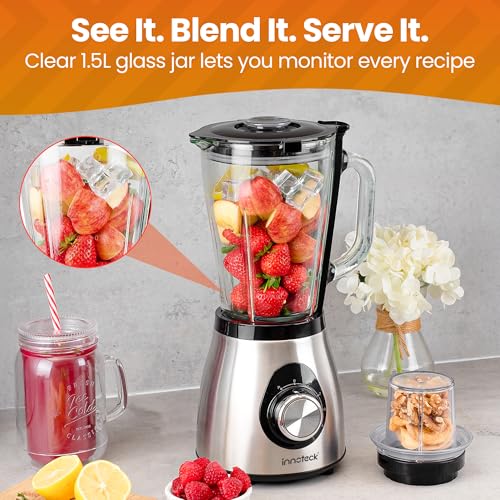 Innoteck 1.5L Food Processor & Blender with Glass Jar, 5 Speed Control, 500W Multifunctional Smoothie Maker, Bean Grinder & Spice Mill Kitchen Gadget for Juices & Milkshakes - Image 4
