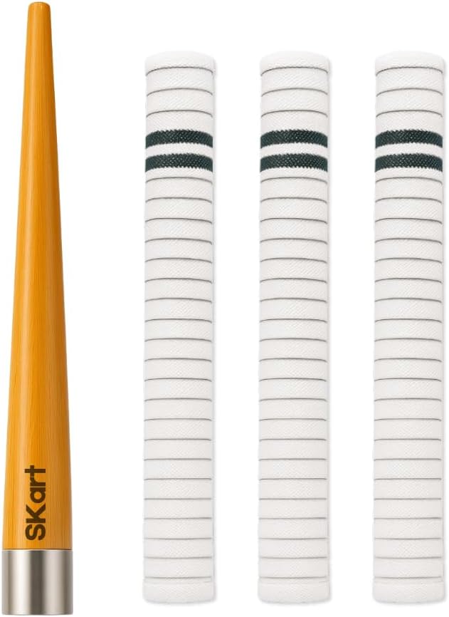 SKart High Quality Cricket Bat Grip Cone with 3 White Bat Grips | Durable Wooden Grip Cone for Easy Grip Installation | Combo Pack of Grip Cone + 3 Textured White Grips for All Cricket Bats